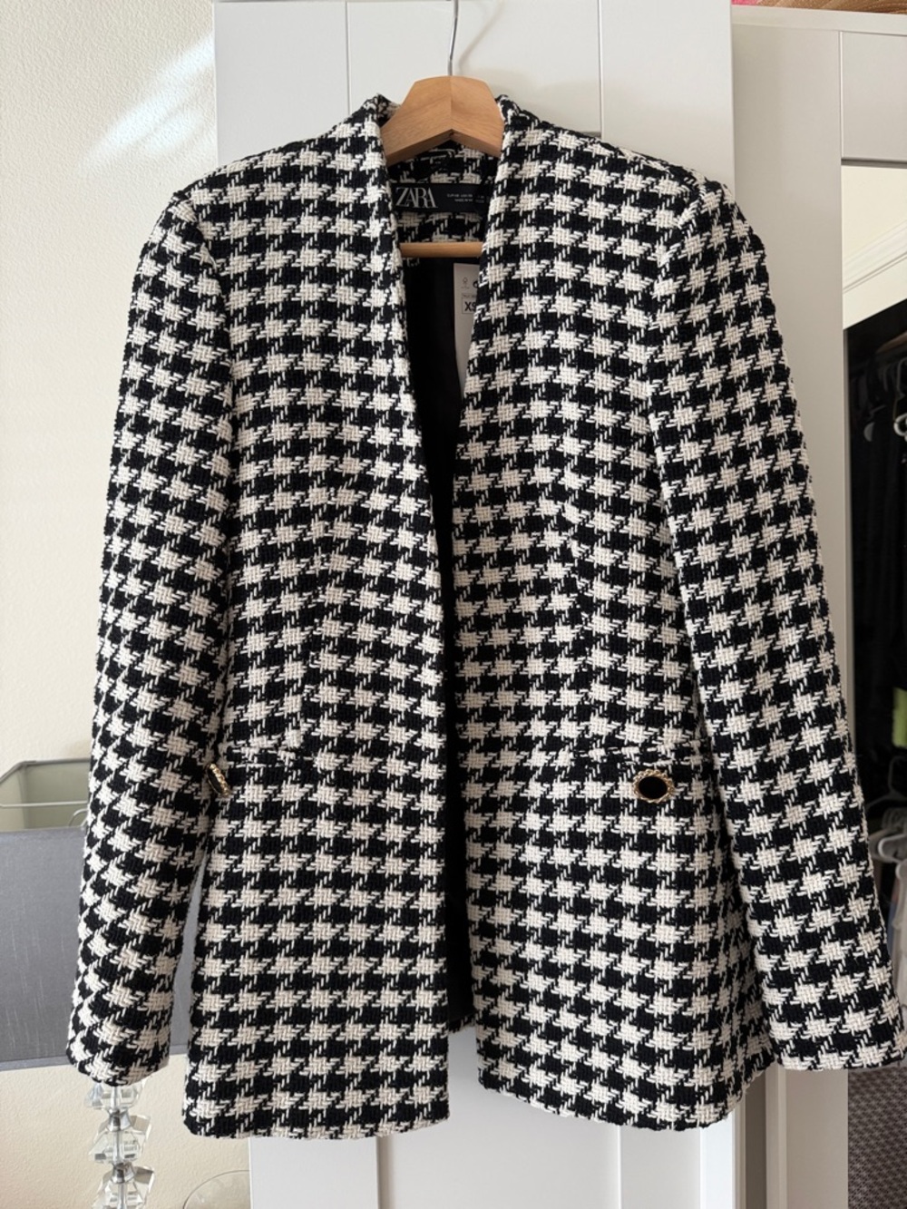 Zara Black and White Houndstooth Open-Front Blazer XS NWT